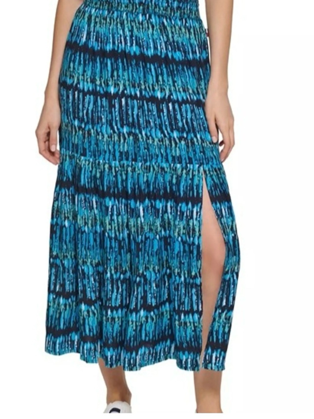 Tommy Hilfiger Teal & Navy Patterned Maxi Skirt Pullo-On Elastic Waist Size XL